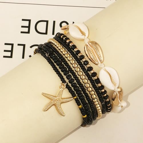 Shell Anklets Bracelet for Women Waterproof Surfer Starfish Bracelet Puka Shell Anklet Colorful Boho Stack Stretch Bead Bracelet Set Hawaii Summer Beach Vacation Foot Jewelry - color: Black