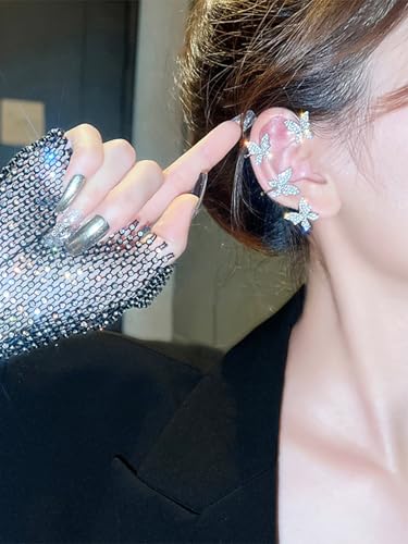 2Pcs Rhinestone Butterfly Earrings Ear Cuffs Non-Pierced Fake Earrings Butterfly Climber Wrap Around Earring Dainty Adjustable Ear Clip Jewelry for Women - color: Style5-silver