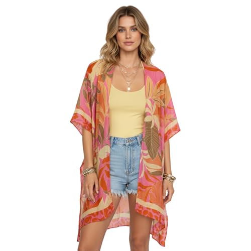 Kimonos for Women Casual Swimsuit Coverup Lightweight Boho Kimono Cardigans for Summer - color: Rz-coral Jungle