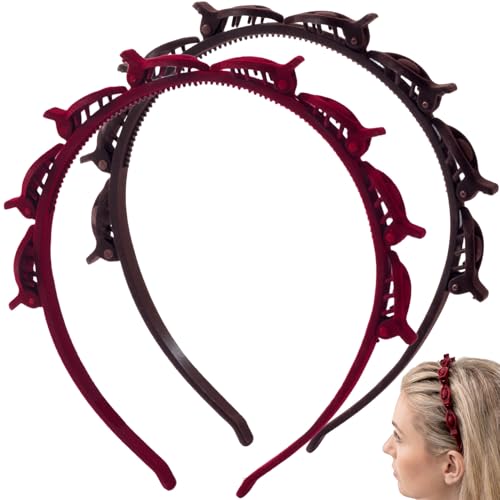 2 Pcs Headband with Clips, 90s Butterfly Hair Clips Headband with Teeth for Women, Braided Weave Bangs Non-Slip Clip Headbands Hair Accessories for Styling Decoration- Flocked Red, Dark Brown - color: 1 pcs Red,1 pcs Dark Brown