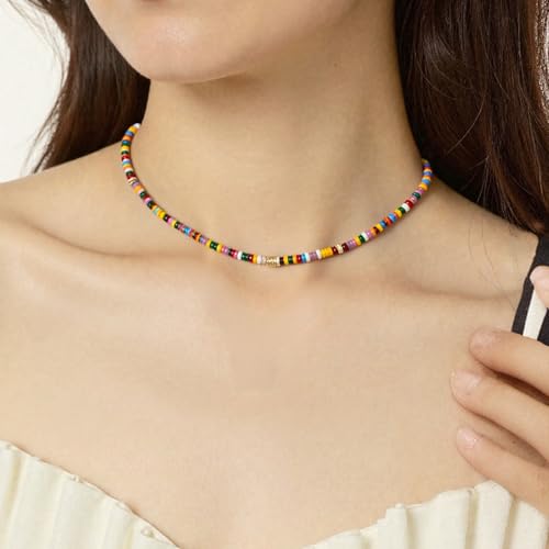 Beaded Gemstone Necklaces for Women Colorful Boho Choker Necklace Beauty And Spirit For Women (blue-silver) - color: mix-purple