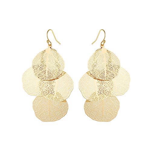 Bohemian Boho Filigree Leaf Chandelier Dangle Earrings for Women – Handcrafted Delicate – 14K Gold Plated – Lightweight - style: Gold - 3 Layered Circle Leaf Chandelier