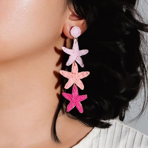 Boho Raffia Earrings Starfish Shell Seashell Dangle Drop Earrings Cute Statemnet Trendy Jewelry Summer Beach Outfits for Women - color: Pink, size: Seastar