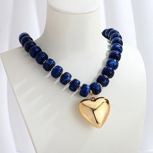 WOWORAMA Chunky Heart Necklaces for Women Colorful Resin Beaded Choker Necklace Gold Puffy Heart Statement Necklace Trendy Acrylic Choker Jewelry - color: Navy-Blue