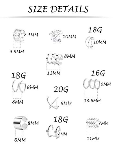 Tornito 4-10 Pairs Stainless Steel Ear Cuff Helix Cartilage Clip On Wrap Earrings Fake Nose Ring Non-Piercing Adjustable - color: A0:10 Pairs, Silver
