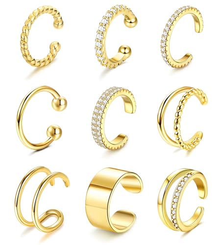 IRONBOX 9Pcs Ear Cuff Earrings for Women 14K Silver/Gold Ear Cuff Non Piercing Cartilage Clip Cuff Earrings Fake Earrings - color: 9Pcs Gold Tone CZ