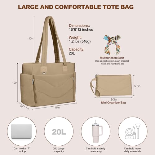 YFWE Puffer Tote Bag for women, Lightweight Tote Bag with Compartments for Work, Travel, School, Gym & Nurses - color: Khaki