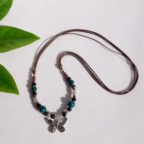 Boho Style Colorful Ceramic Bead Strand Necklace Adjustable Bohemian Jewelry Gift for Women, Fashion Clothing Matching Necklace - color: Teal-Black