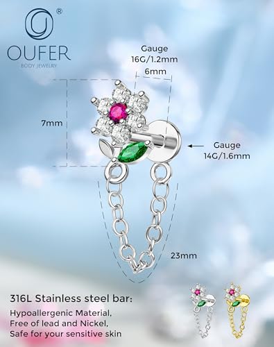 OUFER 16G Threadless Flat Back Cartilage Stud with Chain Dangle, Flower CZ Cluster Labret for Helix/Conch/Tragus/Lobe, 316L Stainless Steel, 6mm Post - color: Silver