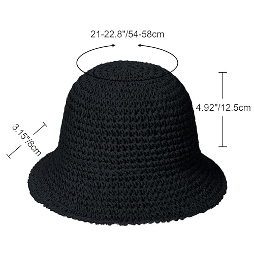 Womens Sun Hat Handmade Straw Bucket UV Protection Travel Summer Beach Cap - color: Black
