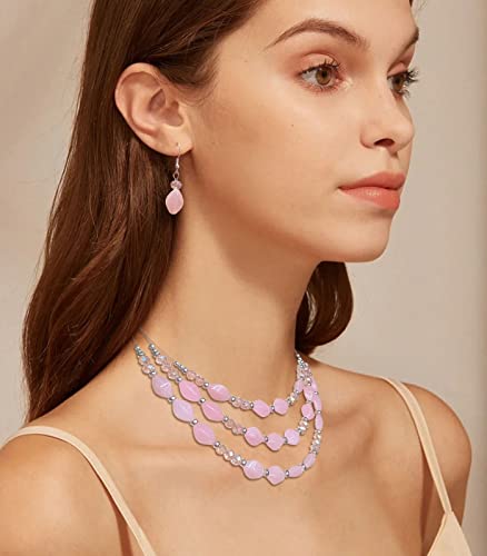 3 Layered Chunky Statement Necklace for Women Beaded Strand Necklaces with Earring Fashion Costumes Collar Necklace Jewelry Sets Gifts for Women - color: Pink