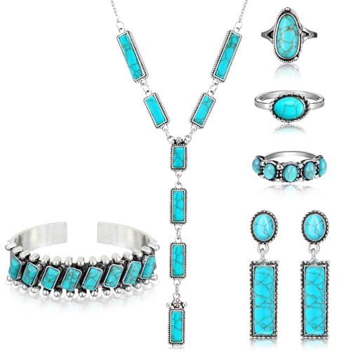 Ecally Bohemian Western Jewelry Turquoise Set Women Country Pendant Long Choker Layered Bracelets Earrings Ring for Women - color: Turquoise, style: Simple