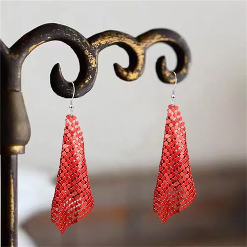 Sequin Earrings for Women Metal Mesh Grid Sequins Tassel Long Drop Dangle Earrings Trendy Charms Bridal Wedding Jewelry - color: Red