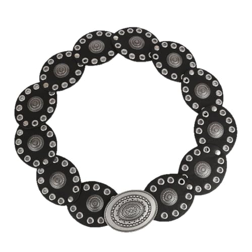Wide Western Cowboy Disc Belt for Woman Concho PU Leather Belts for Ladies Boho Country Waist Belts for Dress Jeans - color: Black-silver Buckle