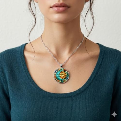 1pc Stunning Round Pendant Necklace - Unique Sun & Moon Pattern, Oil Painting Style Glass Mosaic, Alloy Construction, Trendy Sweater Chain, Fashionable Gift for Women - Christmas or Birthday Gift - color: Orange Sun/Blue Moon (Silver)