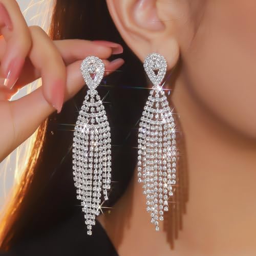 Rhinestone Tassel Earrings Sparkly Long Fringe Crystal Chandelier Dangle Drop Earrings Wedding Party Prom Earrings Premium Iridescent Earrings Wedding Party Jewelry Gifts for Women - color: Silver7