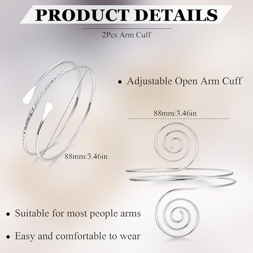 2Pcs Arm Cuff Gold Upper Arm Cuff for Women Adjustable Upper Arm Bracelets Open Irregular Arm Bangle Minimalist Coil Swirl Armlets Armband Jewelry - style: styleF silver