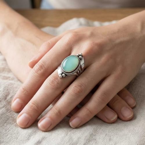 Handmade 925 Sterling Silver Plated Ring Natural Gemstone Carnelian, Rose Quartz, Tiger Eye, Crystal Oval Boho Jewelry For Women - color: Aqua Chalcedony