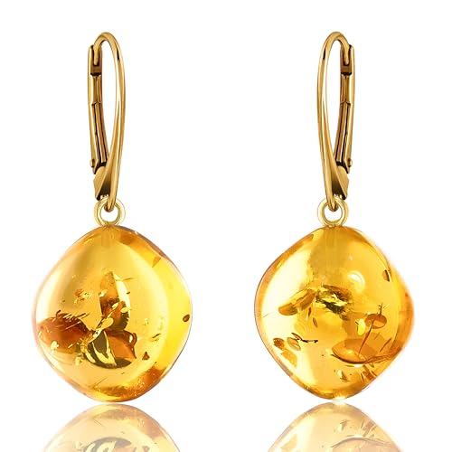 Leverback Dangle Earrings for Women – Gold-Plated 925 Silver Drop Earrings with Natural Yellow Baltic Amber Piece, Lightweight Jewelry with Secure Closure for Everyday Elegance - color: Amber Cushion