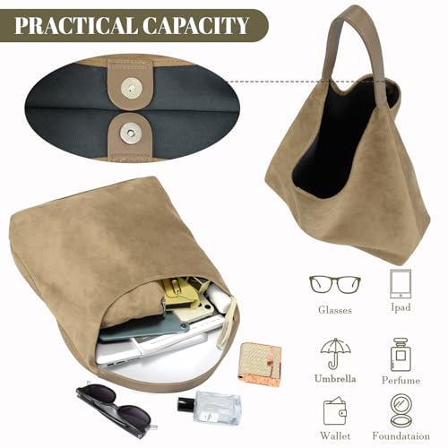 Suede Hobo Bags for Women Trendy Suede Shoulder Bag Slouchy Tote Handbag Suede Purse for Work Everyday | Suede Hobo Bags - color: Khaki