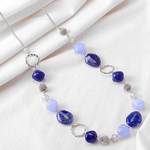BULINLIN Beaded Long Necklace for Women Silver Sweater Chain Necklace with Crystal Resin Beads, Fashion Jewelry Necklace - color: 53-Dark light blue