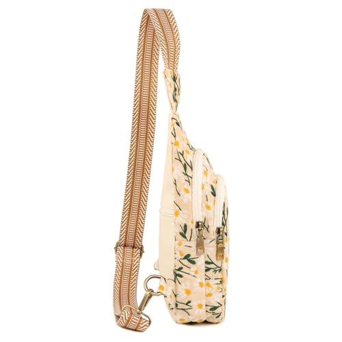 SILKAREA Canvas Sling Bag for Wome Crossbody Purse Small Sling Backpack Purse Travel Hiking Chest Bag Daypack - color: Embroidered Chamomile