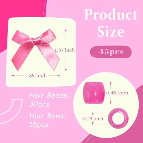 Hair Beads for Braids Hot Pink Loc Dreadlock Beads and Satin Bow Hair Clips Cute Hair Accessories for Kids Girls - color: Hot Pink