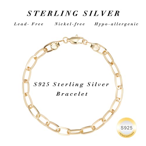 S925 Sterling Silver Paperclip Chain Bracelets for Women - 18K Gold Plated Sterling Silver Paperclip Chain Bracelet Handmade Jewelry Gold Bracelets for Women 6.5/7/7.5/8 Inch - color: Gold, size: 7”
