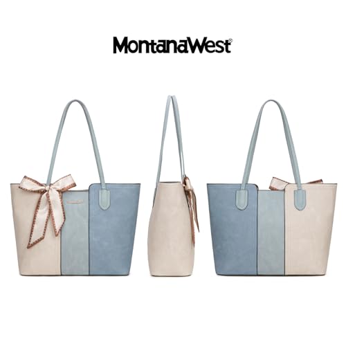 Montana West Tote Bags for Women Top Handle Satchel Purses - color: Beige With Blue