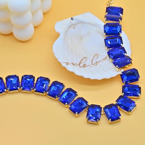 Fashionable Chunky Plated Tennis Rhinestone Statement Necklace Jewelry Set for Women Multicolor gem necklace with Great Sparkle and Shine Design for Women to Easy Match - color: navy blue square rhinestone