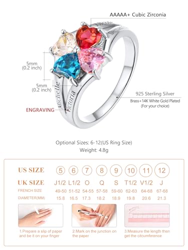 Custom4U Personalized 1-4 Birthstone Rings for Women Promise Rings for Her Sterling Silver Mothers Ring Customized Cubic Zirconia Stones Wedding/Valentine's Day/Mother's Day Jewelry Gift for Mom Wife - color: A-4 Names-Silver