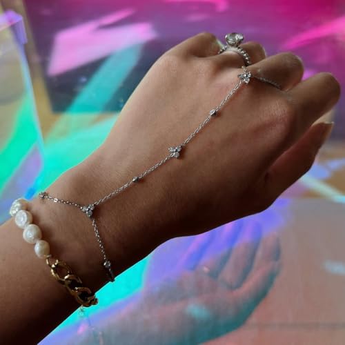 Silver Gold Ring Hand Chain Bracelet for Women non Tarnish Star Dainty Bracelets Hand Chain Ring Stackable Chains Bracelet - color: silver2