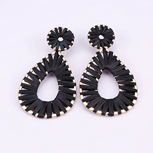 Raffia Teardrop Dangle Earrings Handmad Statement Drop Earrings - color: Black