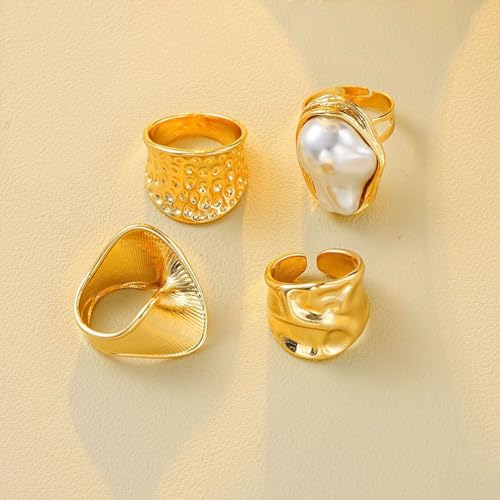Chunky Gold Irregular Rings Stack Set for Women Statement Baroque Pearl Flower Stackable Knuckle Finger Ring Non Tarnish Boho Hammered Jewelry Gifts - color: Gold