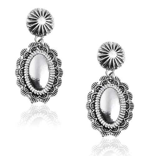 Rustic Couture's Western Earrings for Women Cowgirl Country Concho Dangling Western Statement Jewelry - color: A-Silver