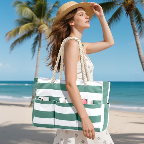 Becokan Beach Bags for Women Canvas Large Beach Tote Bag Zipper Waterproof Sandproof Foldable Swim Pool Bag with 7 Pockets - color: Green