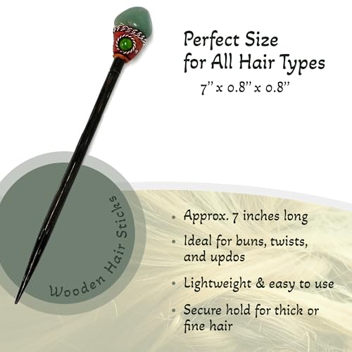 Mia Jewel Shop - Natural Tumbled Healing Gemstone Crystal Chonta Wooden Hair Sticks – Handmade Hair Sticks for Women | Hair Pins Boho Reiki Accessories, Fashion Gifts (Green Aventurine) - color: Green Aventurine