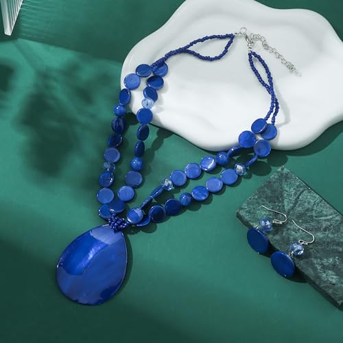 Big Teardrop Pendant Necklaces for Women Colorful Beaded Necklaces Statement Set for Holiday. - color: Blue