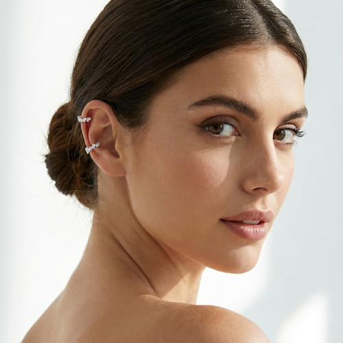 SLUYNZ 925 Sterling Silver CZ Cuff Earrings for Women Small Hoop Earrings No Piercing Cartilage Earrings - color: A-Silver
