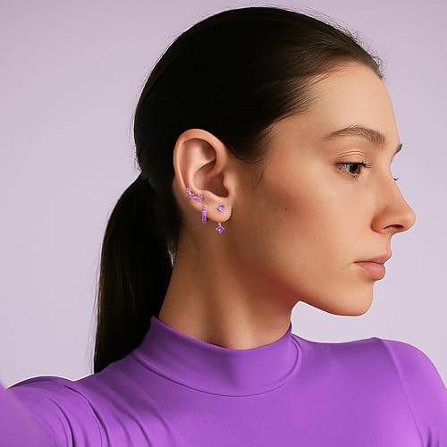 3 Pairs Dainty Small 4th of July Earrings for Women Trendy, Birthstone Stud Huggie Hoop Jacket Stack for Cartilage Helix, Gold Plated Hypoallergenic Cute Women Fashion Accessories Western Jewelry Gifts - color: 06Purple Created Alexandrite-June (Gold)