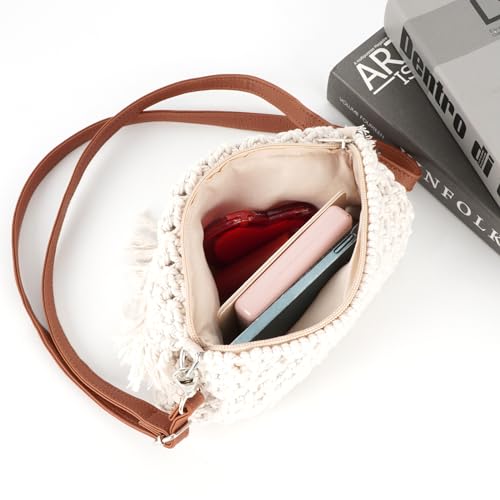 Goclothod Women Crochet Fringed Shoulder Bag Cotton Tassel Crossbody Bag Hippie Beach Purse - color: Crochet Cream