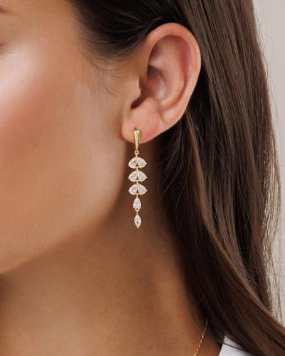 Dangle Earrings for Women - 14K Gold/White Gold/Rose Gold Plated Butterfly Heart Star Hoop Chain Long Tassel Cubic Zirconia CZ Dangle Earrings - color: Gold Leaf Dangle