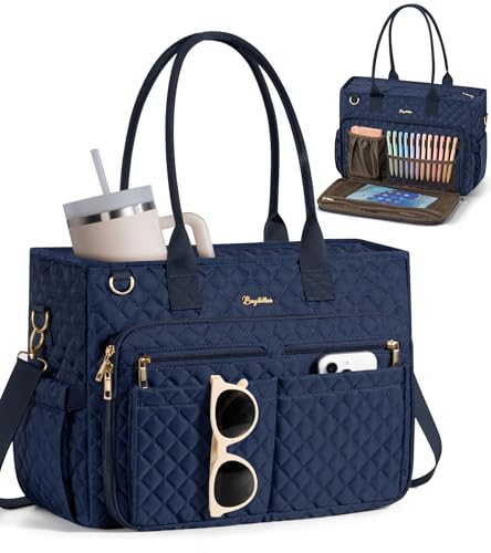 Bagstellar Teacher Bags for Women, 15.6 inch Laptop Work Tote Bag Quilted Nurse Bible Computer Shoulder Bag for School Travel | Dream Tote Work Bag - color: Navy Blue