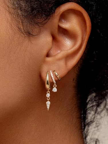 Triple Huggie Stacked Earrings for Women Gold Chain Drop Dangle Earrings Cute Statement CZ Earrings Trendy Dainty Jewelry Gift - color: Gold 2