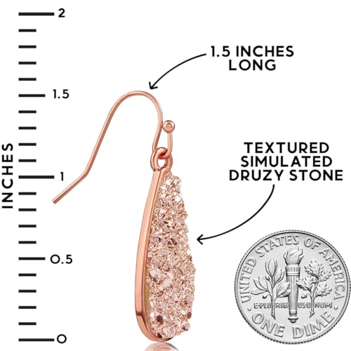 Teardrop Dangle Earrings for Women with Simulated Druzy Stones, in Gold or Rose Gold Tone - color: Rose Gold - Rose Gold Stone