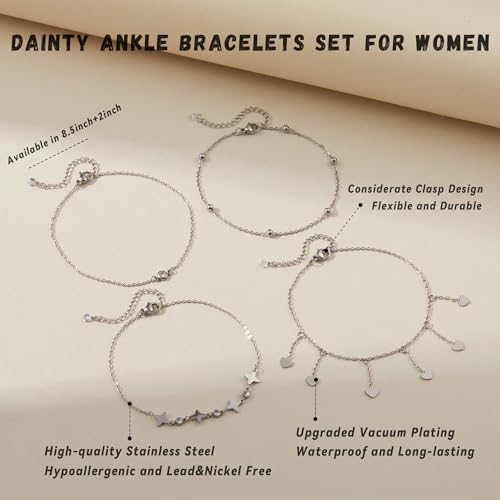 LOFITOR Ankle Bracelets for Women Glitter Waterproof Adjustable Anklet Set for Women 18K Gold Plated Silver Charm Dainty Layered Anklets, Summer Beach Anklet Jewelry for Women - style: Heart Silver