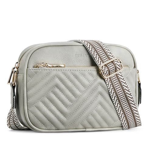BOSTANTEN Quilted Crossbody Bags for Women Vegan Leather Purses Shoulder Handbags with Wide Strap - color: G02-grey