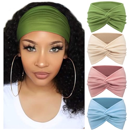 AQOKKA Extra Wide Headbands for Women Large Turban Headband Non Slip Boho Elastic Hairband Hair Twisted Knot Head Bands Accessories - color: 4 Pcs: Grass Green, Pink, Khaki, Light Blue