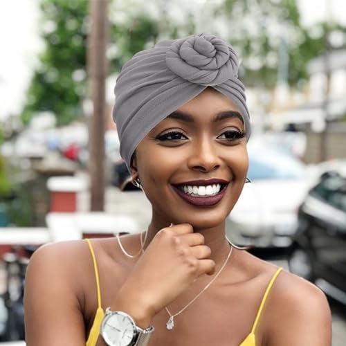 African Women Turban Caps Pre-Tied Twisted Turbans Head Scarf for Women Hair Wraps Cover Beanie Cancer Chemo Headwear - color: 1 Pack Flower: Grey