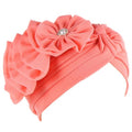 Flower Turban Hats for Women - Ruffle Bead Stretch Solid Caps Chemo Cancer Pre Tied Headscarf Headwear - color: Watermelon Red